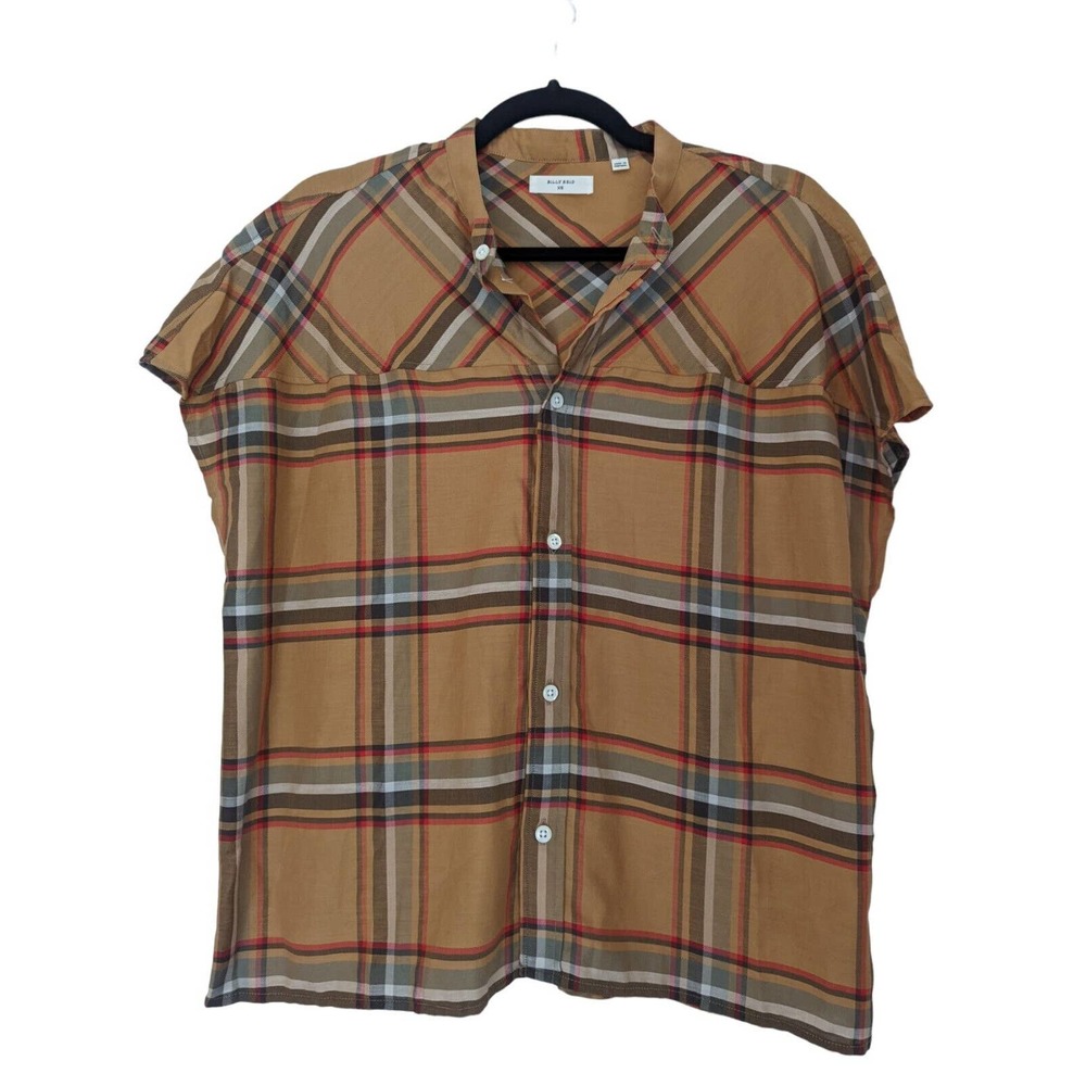 Billy Reid Cotton Button Up Beige Red Grey Top Sz XS